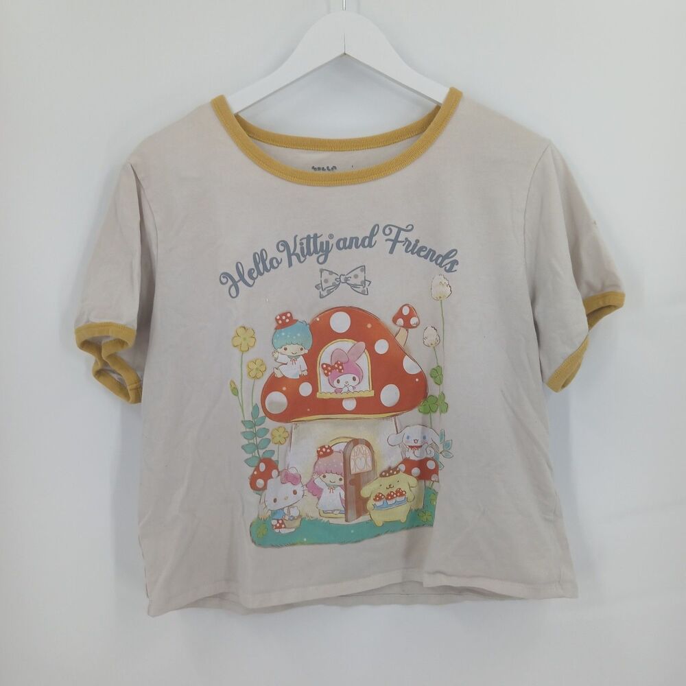 Women's Hello Kitty and Friends Mushroom Graphic Crop Top Cream Yellow Size XL